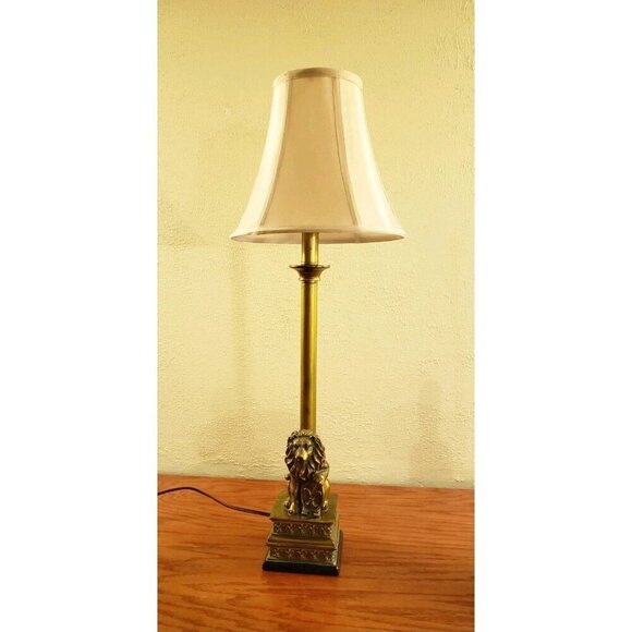 Vintage Table Lamp Lion and Shield Candlestick Gold 28” Tall With Shade - Picture 1 of 8